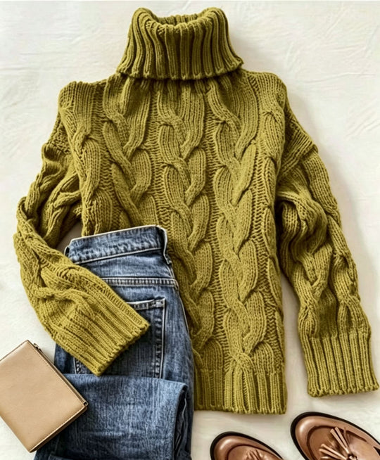 Damen Grobstrick-Rollkragenpullover mit markanten Zopfmustern und gerippten Bündchen EB