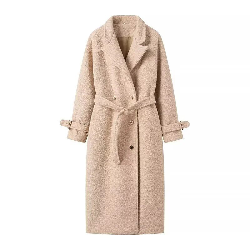 Damen eleganter und kuscheliger Wollmantel mit Gürtel und aufgesetzten Taschen EB