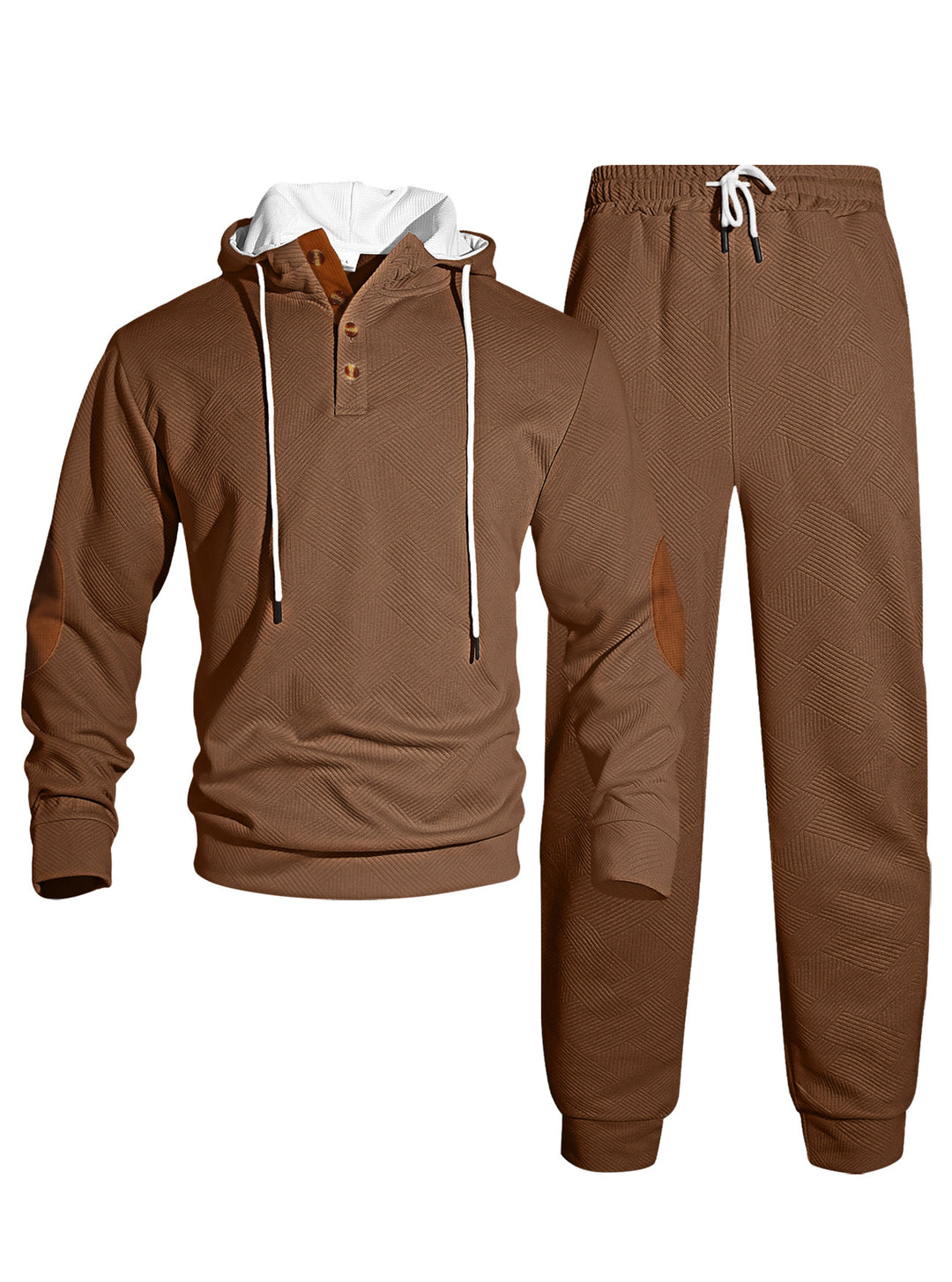 Herren nan Waffelstruktur Henley-Kapuzen-Set mit Holzknopfleiste Ellbogen-Patches und konischer Jogginghose EB