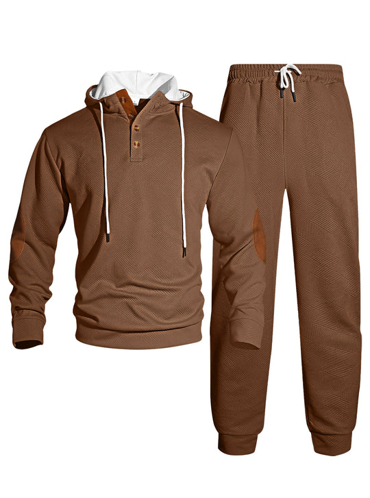 Herren nan Waffelstruktur Henley-Kapuzen-Set mit Holzknopfleiste Ellbogen-Patches und konischer Jogginghose EB
