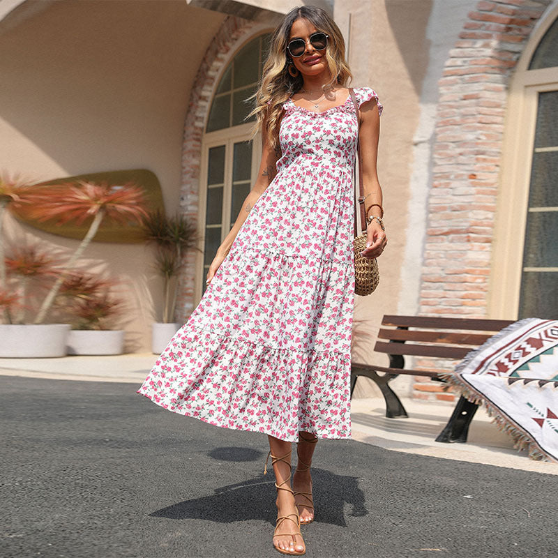 Damen Maxi-Kleid mit romantischen Volantärmeln und floralem Design EB