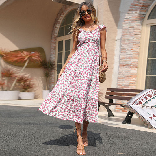 Damen Maxi-Kleid mit romantischen Volantärmeln und floralem Design EB