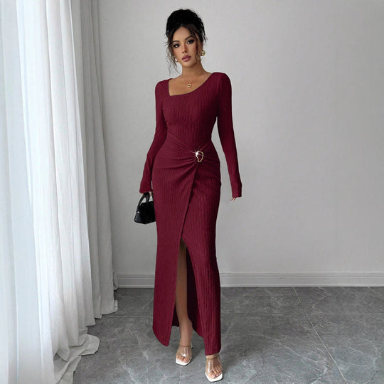Damen nan figurbetontes Maxikleid aus geripptem Strick mit Wickeldetail und Schlitz EB