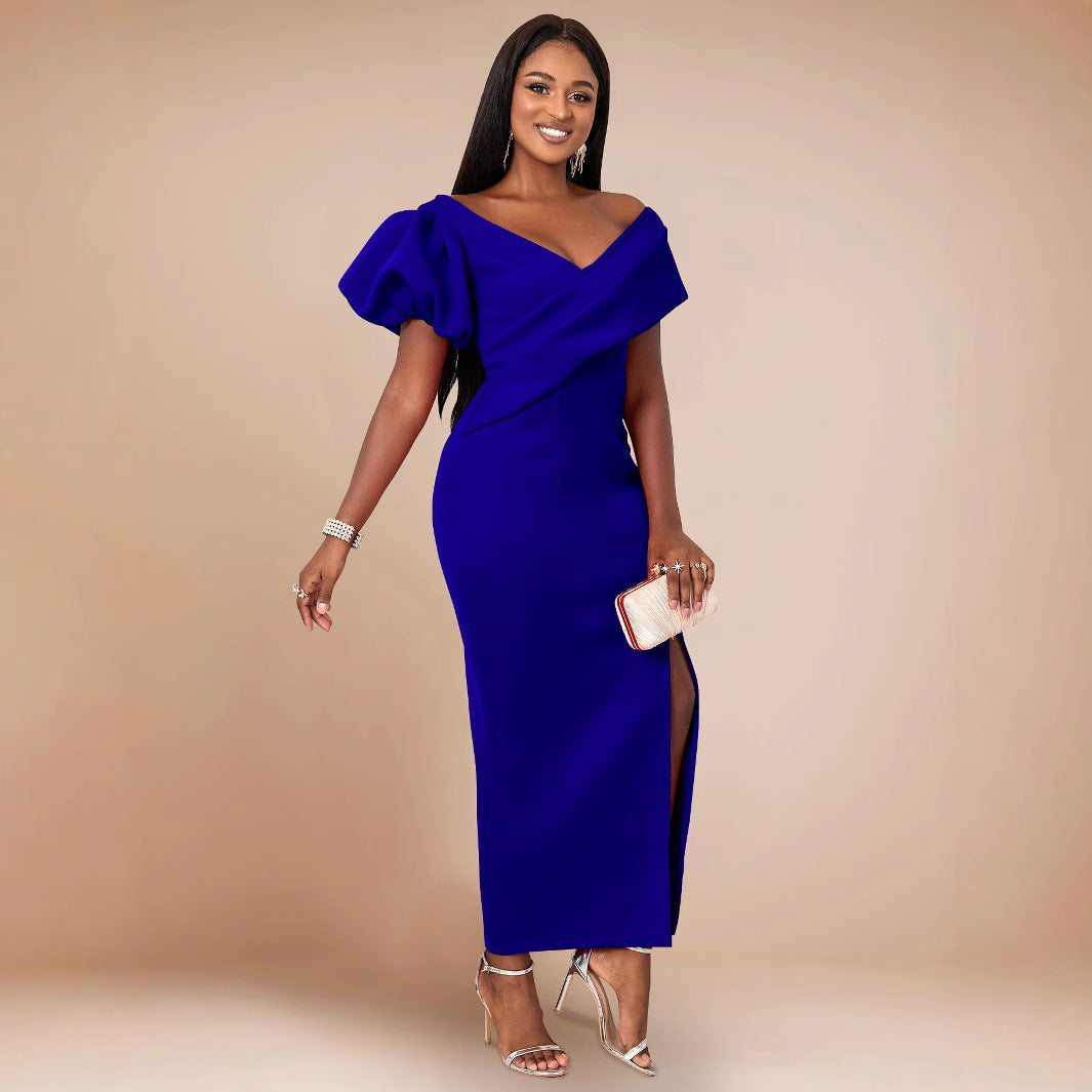 Damen Elegantes, figurbetontes Abendkleid mit asymmetrischem Ausschnitt und Puffärmeln EB