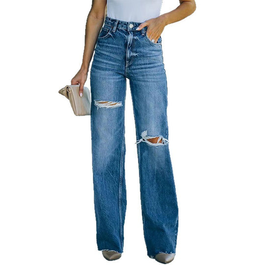 Damen Weit geschnittene High-Waist Jeans mit modischen Destroyed-Details EB