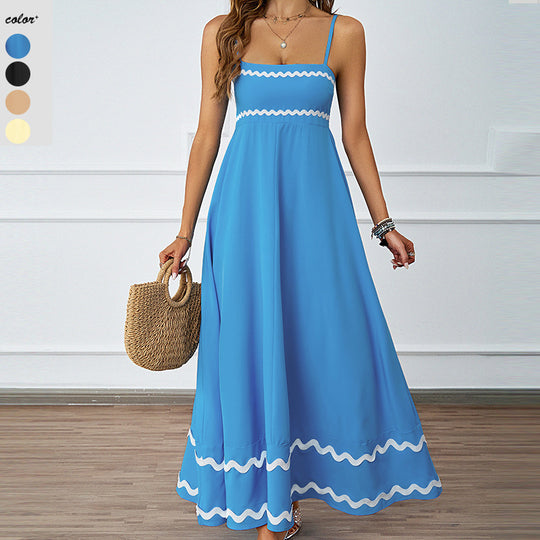Damen Maxikleid mit schmalen Trägern und verspieltem Wellenmuster EB