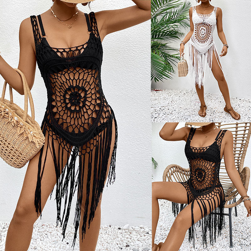 Damen Häkel-Strandüberwurf mit fransigem Muster EB