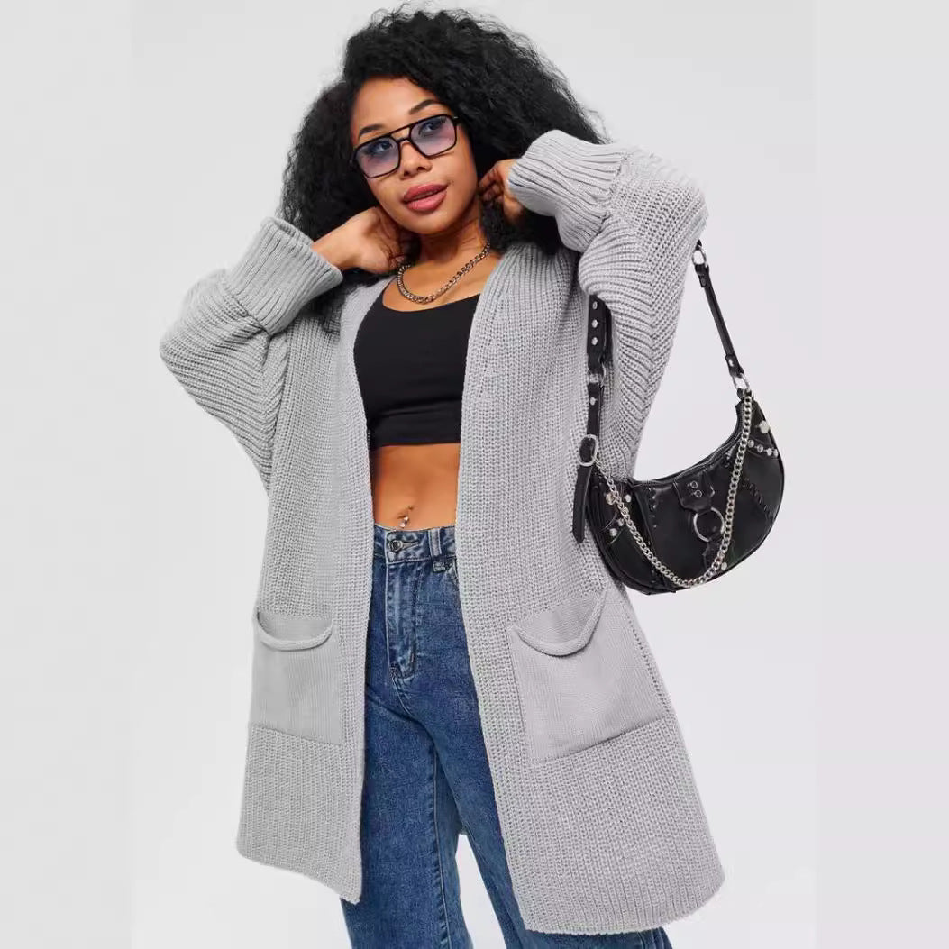 Damen Langer Strickcardigan mit offenen Fronten und praktischen Taschen EB