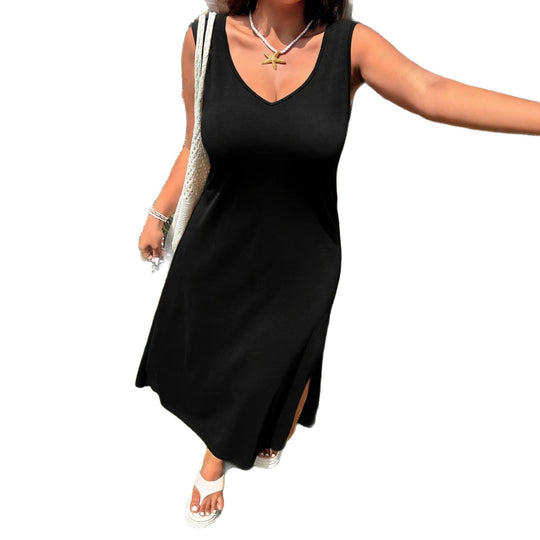 Damen luftiges Maxikleid mit V-Ausschnitt und seitlichem Schlitz EB
