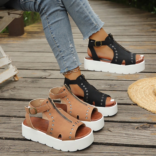 Damen Offene Plateau-Sandalen mit modischem Reißverschlussdesign und eleganten Ösen EB