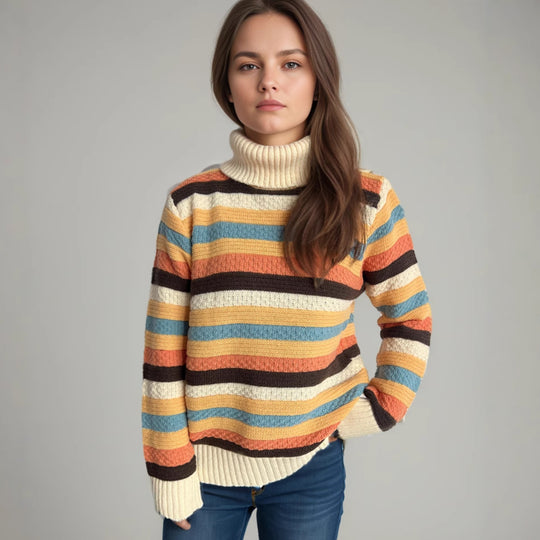 Damen Rollkragenpullover mit farbenfrohen Streifen und hochwertiger Strickqualität EB