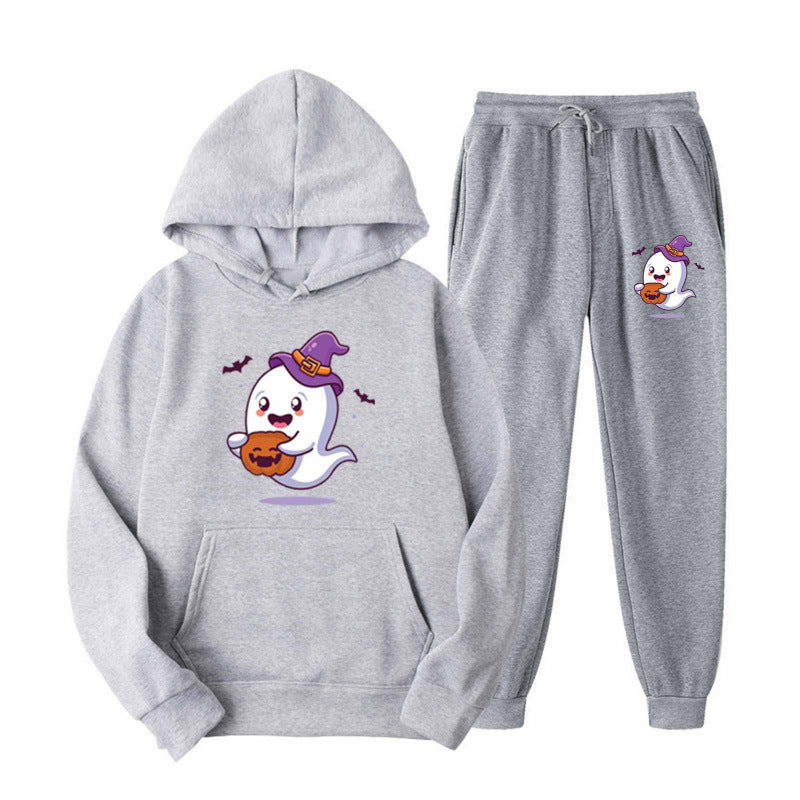 Unisex nan kuscheliger Kapuzenpullover und Jogginghose Set mit Halloween-Geistprint EB