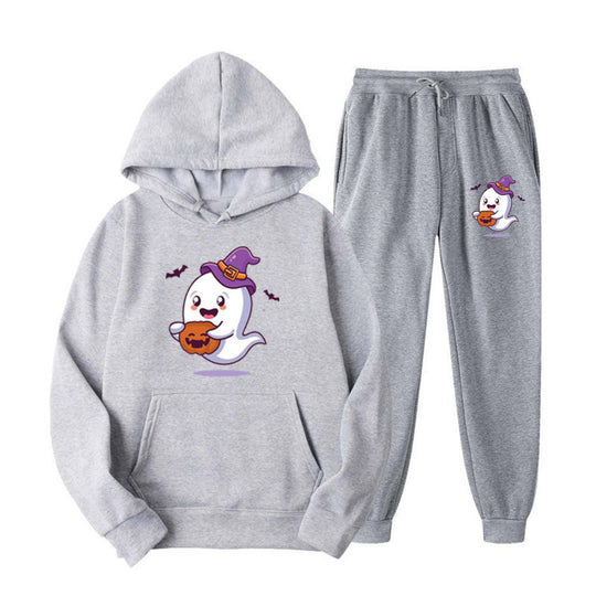 Unisex nan kuscheliger Kapuzenpullover und Jogginghose Set mit Halloween-Geistprint EB