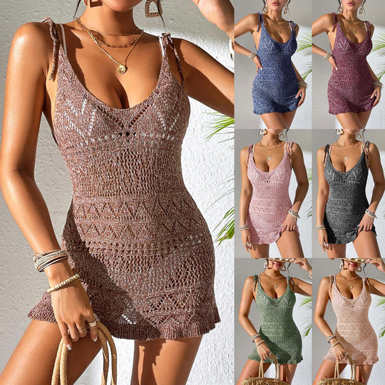 Damen Häkelkleid mit verstellbaren Trägern und voluminösem Saum EB