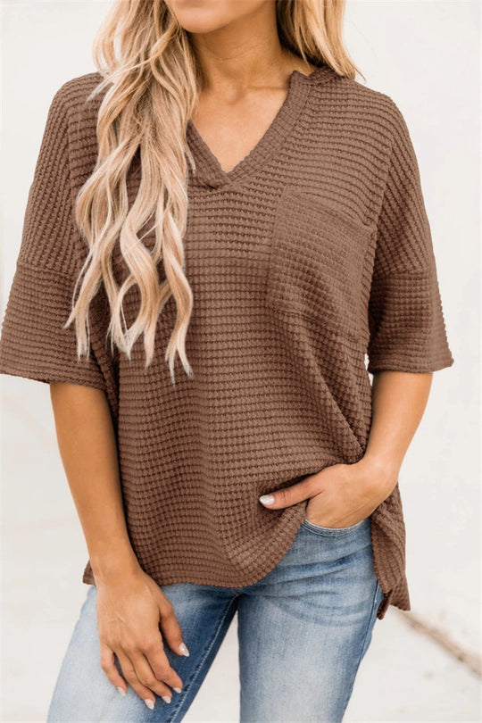 Damen casual V-Ausschnitt Oberteil mit strukturiertem Stoff und Seitennahttaschen EB