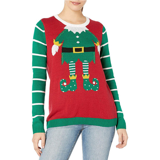 Damen Weihnachts-Pullover mit frechem Elf-Motiv und gestreiften Ärmeln EB