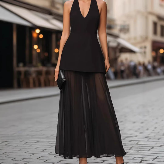 Damen Elegantes Maxikleid mit tiefem V-Ausschnitt und transparentem Überrock EB