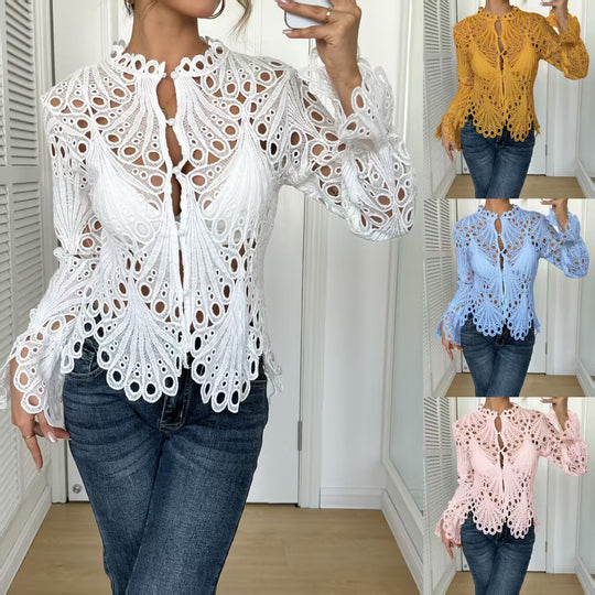 Damen nan filigrane Häkelspitzen-Bluse mit Stehkragen, Zierknopfleiste und gewelltem Saum EB