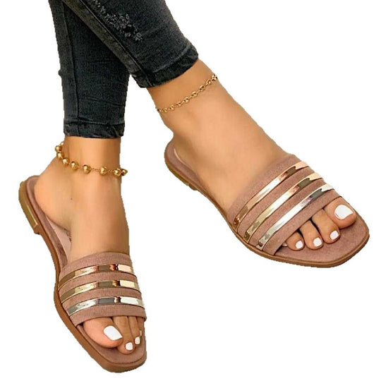 Damen Offene Sandaletten mit modischen Metallic-Riemen und komfortablem Fußbett EB