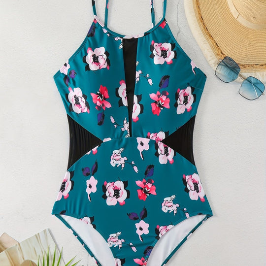 Damen Einteiliger Badeanzug mit modischem floralem Design und schickem Schwarz EB