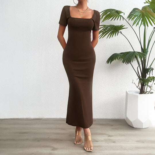 Damen figurbetontes Maxikleid mit quadratischem Ausschnitt und kurzen Ärmeln EB