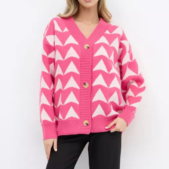 Damen Strickjacke mit geometrischem Muster und knöpfbarem Design EB