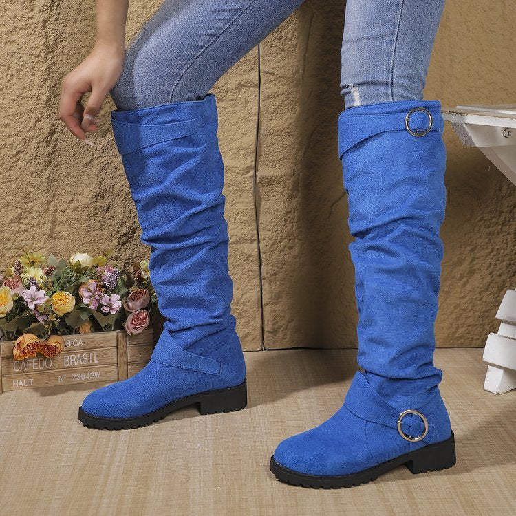 Damen hohe Stiefel mit modischem Rüschen-Design und dekorativem Riemen EB