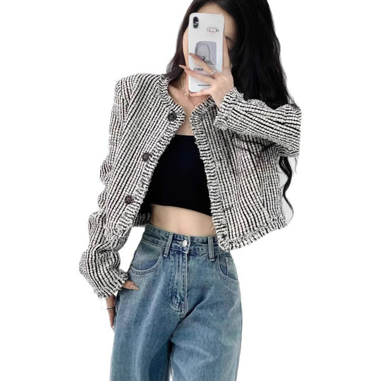Damen trendige Bouclé-Jacke mit dekorativen Knöpfen und lässigem Schnitt EB