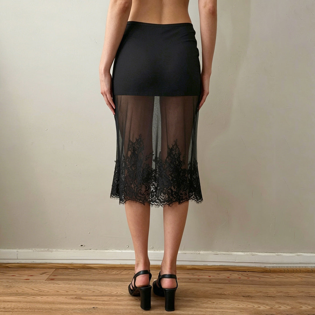 Damen Spitzenrock mit transparentem Unterkleid und verzierten Rüschen EB