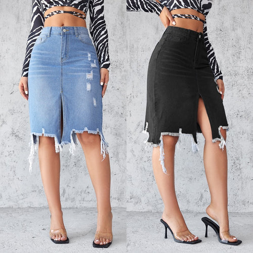 Damen Jeansrock mit hohem Schlitz und lässigem Fransensaum EB