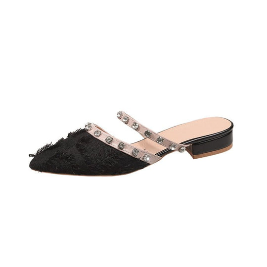 Damen elegante Mules mit schimmerndem Riemen und Fransen EB
