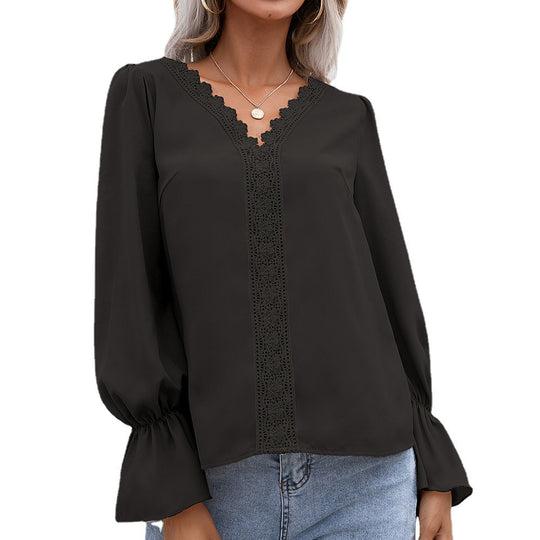 Damen elegante Bluse mit Spitzendetails und Volantärmeln EB