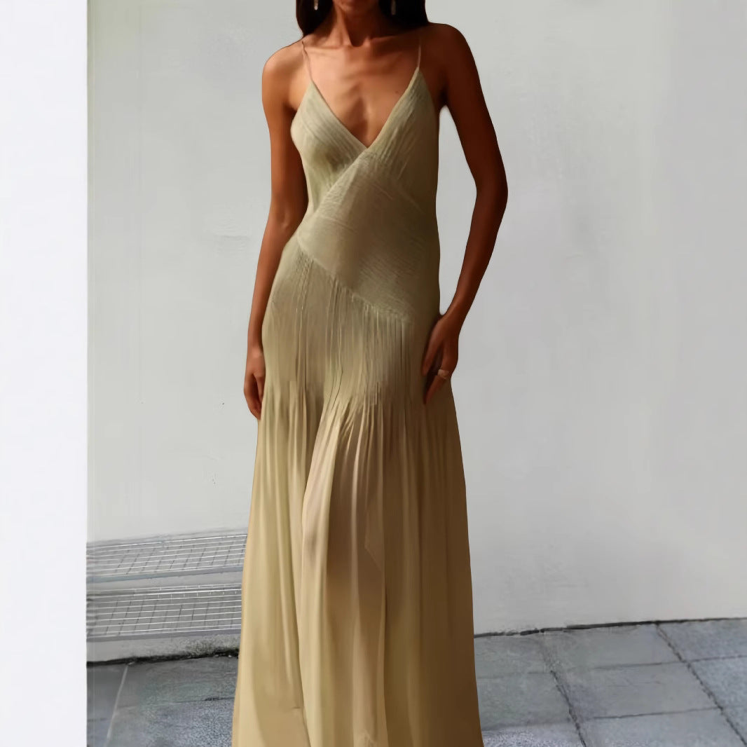 Damen Fließendes Maxikleid mit elegantem V-Ausschnitt und schwingendem Saum EB
