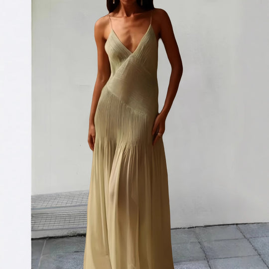 Damen Fließendes Maxikleid mit elegantem V-Ausschnitt und schwingendem Saum EB