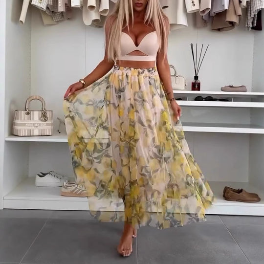Damen Maxirock mit floralen Lagen und transparentem Design Heidi-Mode