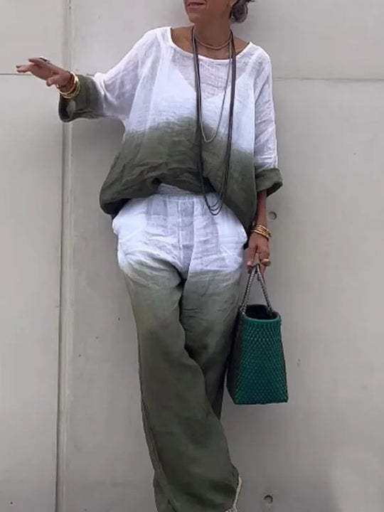Damen lässiges Leinen-Outfit mit weiten Hosen und lockerer Bluse EB