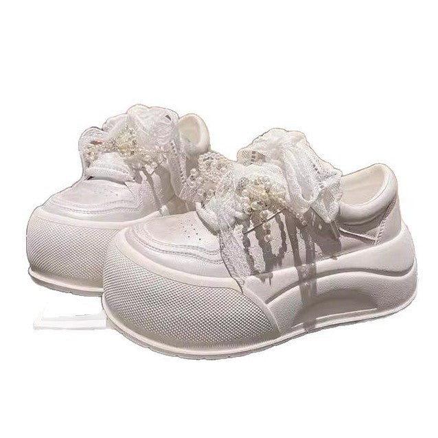 Damen modische Plateau-Sneaker mit dekorativem Schleifendetail und eleganter Schnürung EB