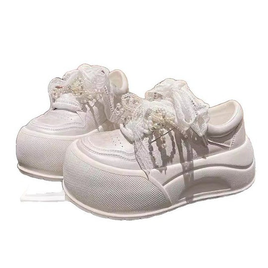 Damen modische Plateau-Sneaker mit dekorativem Schleifendetail und eleganter Schnürung EB