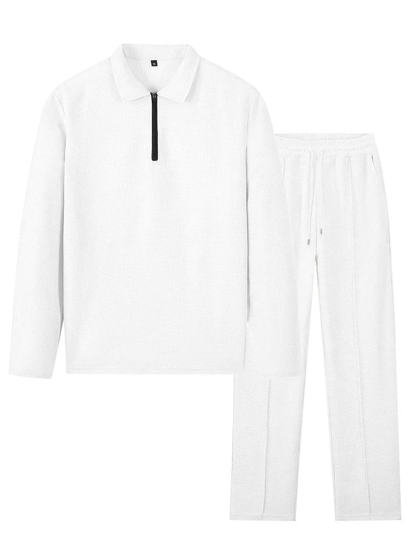 Unisex nan Waffelstruktur Freizeit-Set mit Halbzip-Poloshirt und elastischer Bundhose EB