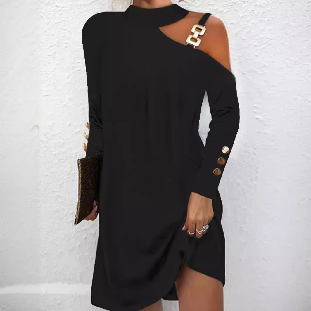 Damen nan asymmetrisches Minikleid mit Stehkragen, Cut-Out-Schulter und Zierkettenträger EB