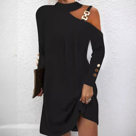 Damen nan asymmetrisches Minikleid mit Stehkragen, Cut-Out-Schulter und Zierkettenträger EB