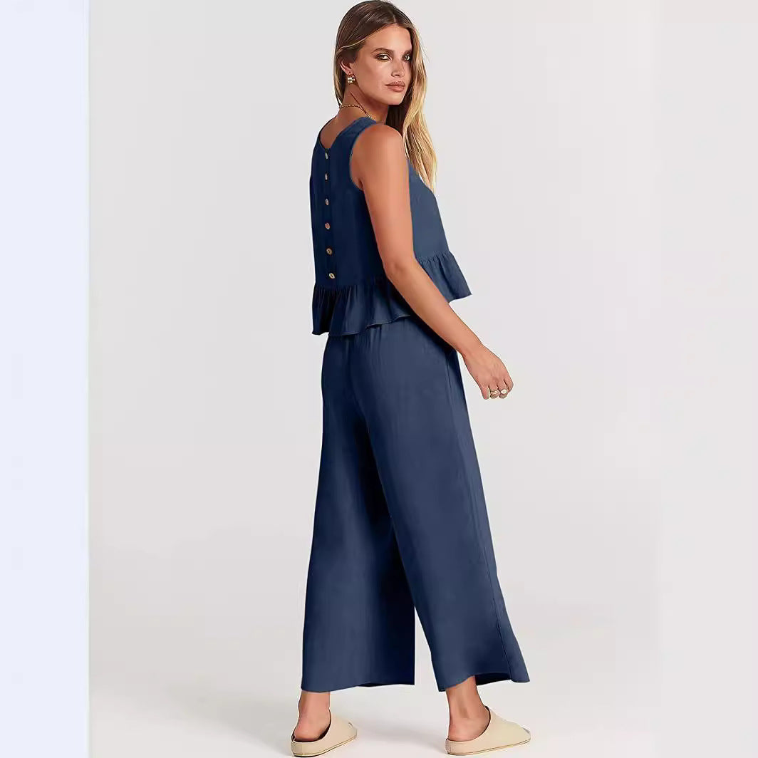 Damen Zweiteiler-Set mit schickem Peplum-Oberteil und weit geschnittenen Hosen EB