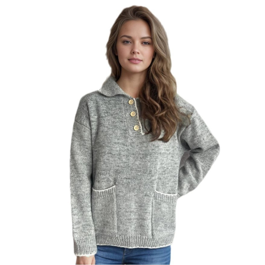 Damen Pullover mit kontrastierendem Kragen und dekorativen Knöpfen EB