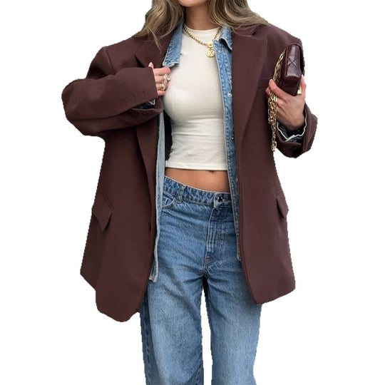 Damen nan oversized Longblazer mit kastigem Schnitt, Reverskragen, gefütterten Pattentaschen und strukturierter Wollmischung EB