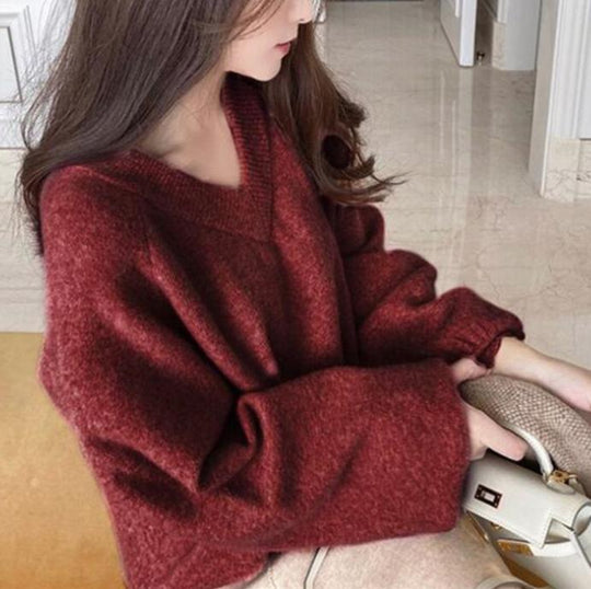 Damen Grobstrickpullover mit tiefem V-Ausschnitt und voluminösen Ärmeln EB