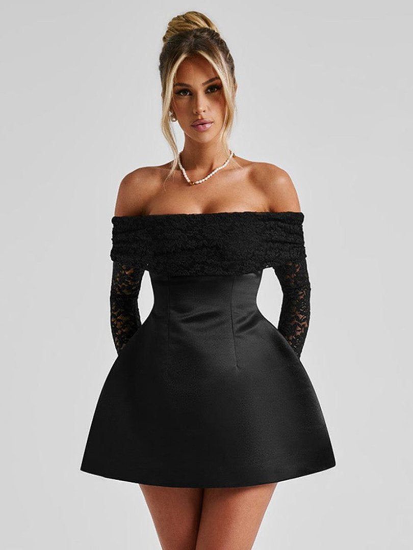 Damen Elegantes Off-Shoulder Minikleid mit Spitzenärmeln und tailliertem Schnitt EB