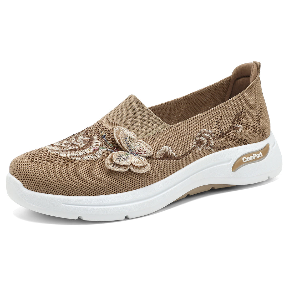 Damen nan gestrickter Slip-On Slipper mit 3D-Blumenstickerei und ergonomischer Komfort-Zwischensohle EB