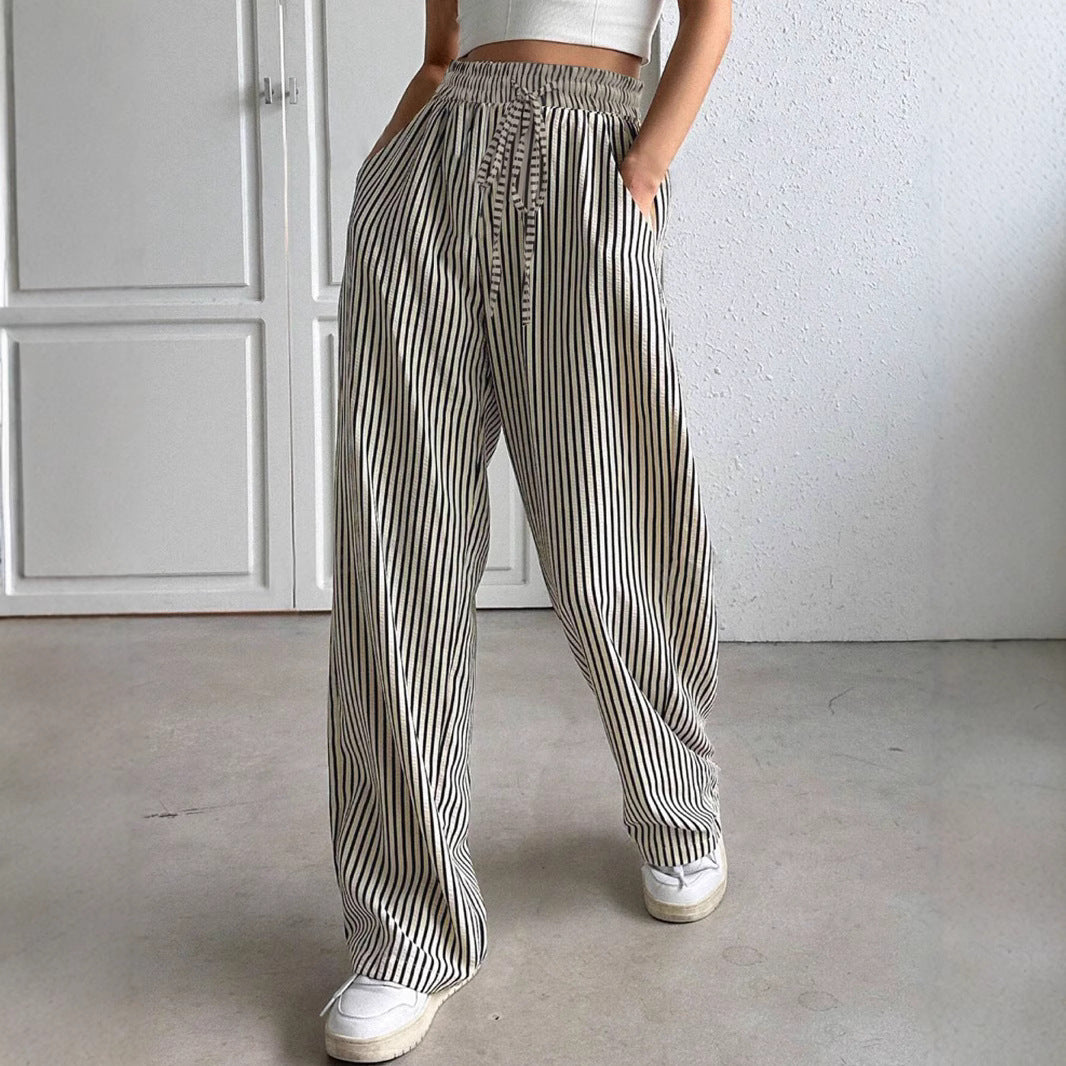 Damen Weit geschnittene Streifenhose mit elastischem Bund und Taschen EB