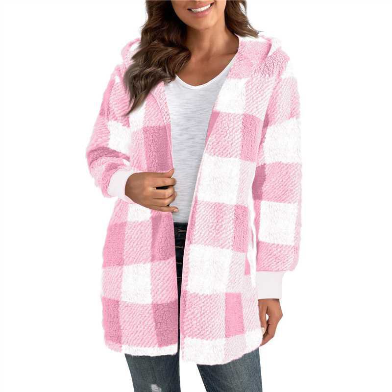Damen nan karierter Teddy-Mantel mit großem Reverskragen und Rippbündchen EB