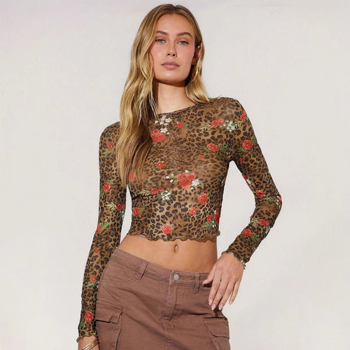 Damen Cropped Langarmshirt mit einzigartigem Leoparden- und Blumenmuster EB